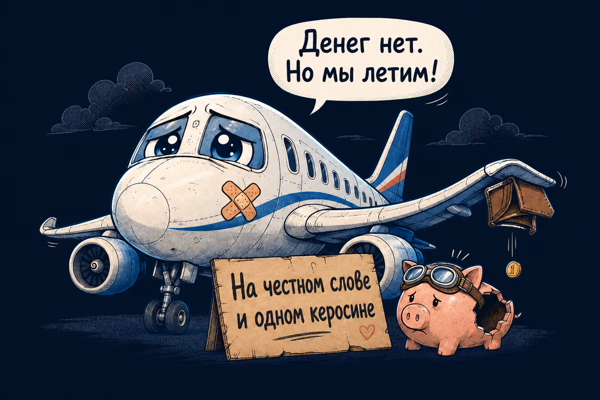Самолёт с грустными глазами и заклеенным пластырем ртом: «Денег нет. Но мы летим!» Рядом табличка «На честном слове и одном керосине» и разбитая копилка.