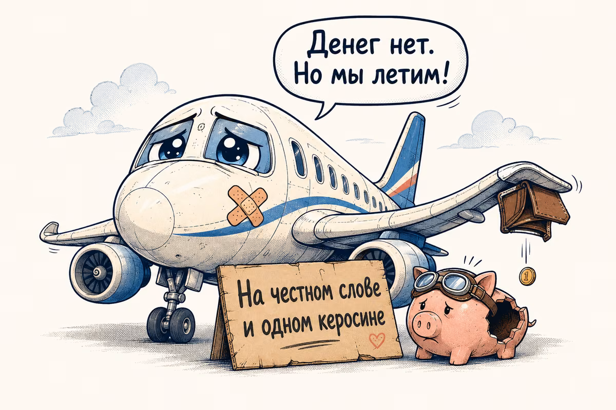 Самолёт с грустными глазами и заклеенным пластырем ртом: «Денег нет. Но мы летим!» Рядом табличка «На честном слове и одном керосине» и разбитая копилка.